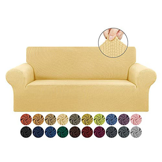 Picture of KEKUOU Stretch Loveseat Sofa Slipcover 1 Piece Couch Sofa Cover (55"-79") Furniture Protector 2 Seater Sofa with Elastic Bottom for Kids,Pet.Jacquard Small Checked Pattern Fabric(Medium,Champagne)