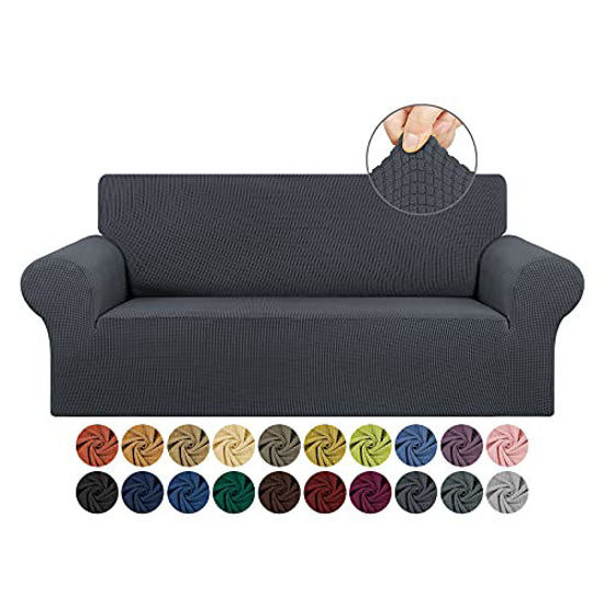Picture of KEKUOU Stretch Loveseat Sofa Slipcover 1 Piece Couch Sofa Cover (55"-79") Furniture Protector 2 Seater Sofa with Elastic Bottom for Kids,Pet.Jacquard Small Checked Pattern Fabric(Medium,Charcoal)