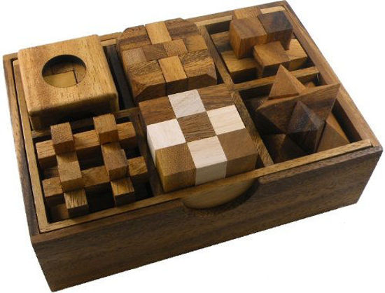 Picture of 6 Wooden Puzzle Gift Set In A Wood Box - 3D Unique IQ Puzzles