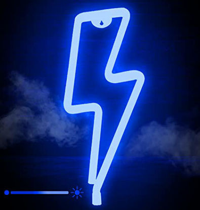 Picture of Blue Lightning LED Neon Signs for Wall Decor. LED Sign with Dimmer and USB Charger. Light Up Signs for Bedroom, Living Room, Party, Kids Room.