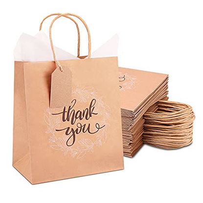 Picture of Thank You Gift Bags Bulk 50 Pcs Medium, Brown Kraft Paper Bags with Handles, Tissue Paper, and Hang Tags for Retail Shopping, Wedding, Baby Shower Holiday, Party, Size 8x4.75x9.26 Inches