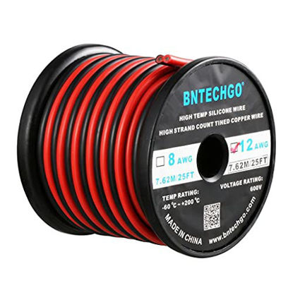 Picture of BNTECHGO 12 Gauge Flexible 2 Conductor Parallel Silicone Wire Spool Red Black High Resistant 200 deg C 600V for Single Color LED Strip Extension Cable Cord,Model,25ft Stranded Copper Wire