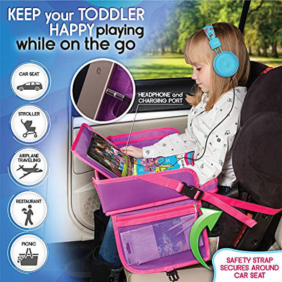 Kids Travel Tray Portable & Foldable iPad and Cup Holder Car Seat & Stroller Tray Travel Tray for Airplane or Car Dry Erase Lap Board Snack and Play Tray 