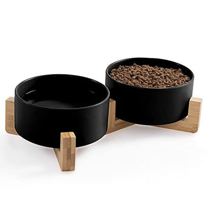 Picture of Ihoming Dog Bowls, Cats Ceramic Food and Water Bowls Set, 3.5 Cups X 2, Indoors Black Pet Bowls with Wood Stand