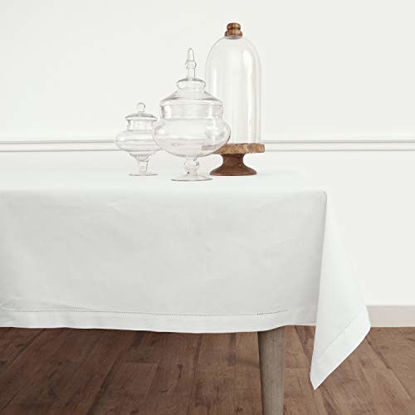 Picture of Solino Home Hemstitch Cotton Linen Tablecloth - 52 x 52 Inch, Natural Fabric Machine Washable - White Tablecloth for Indoor and Outdoor use