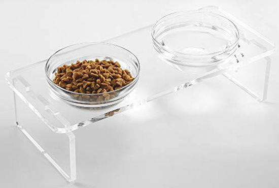 Picture of Dog and Cat Bowls Elevated Set - Acrylic Feeder Stand with 2 Set Removable Stainless Steel and Glass Bowls Food and Water Raised Dishes for Small Pet,3.75 inches