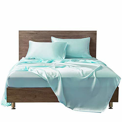 Picture of MR&HM Satin Bed Sheets, Twin XL Size Sheets Set, 3 Pcs Silky Bedding Set with 15 Inches Deep Pocket for Mattress(Twin XL, Turquoise)
