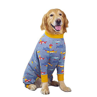 Picture of Yeapeeto Dog Recovery Suit After Surgery Female Male, Soft Long Sleeve Dog Neuter Shirt Cone Alternatives, Prevent Licking Dog Surgical Onesies for Large Medium Dog Shedding Suit(Shark 5XL)