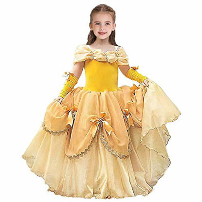Picture of MYRISAM Girls Belle Princess Dress Beauty and The Beast Costume Halloween Carnival Cosplay Christmas Birthday Ball Gown w/Arm Sleeves 4-5T
