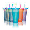 Picture of Meoky 12Pack Plastic Cups with Lids and Straws 24oz Reusable Color Changing Cups for Adult Kids Cold Coffee Drinking Tumblers Summer Party Cups
