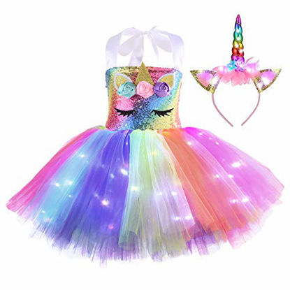 Picture of Sequin Unicorn Costume for Girls Led Light Up Dress for Birthday Party Sequin Rainbow Tutu Dress with Headband Size 3-8