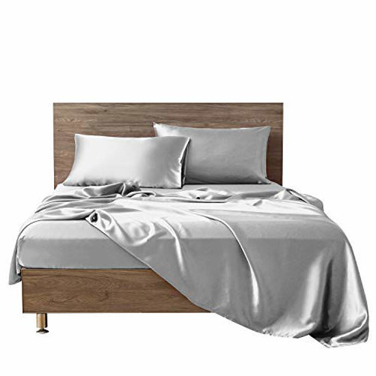 Picture of MR&HM Satin Bed Sheets, Twin XL Size Sheets Set, 3 Pcs Silky Bedding Set with 15 Inches Deep Pocket for Mattress(Twin XL, Silver)