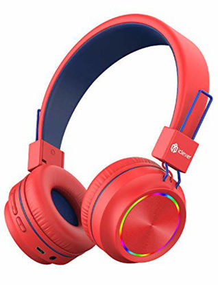 Picture of iClever BTH03 Kids Wireless Headphones, Colorful LED Lights Kids Headphones with MIC, 25H Playtime, Stereo Sound, Bluetooth 5.0, Foldable, Childrens Headphones on Ear for Study Tablet Airplane, Red