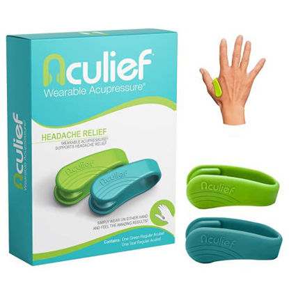 Picture of Aculief - Award Winning Natural Headache, Migraine, Tension Relief Wearable - Supporting Acupressure Relaxation, Stress Alleviation, Soothing Pain - Simple, Easy, Effective 2 Pack - (Teal & Green)