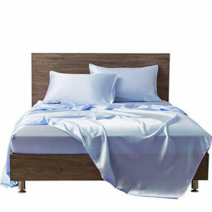 Picture of MR&HM Satin Bed Sheets, Twin XL Size Sheets Set, 3 Pcs Silky Bedding Set with 15 Inches Deep Pocket for Mattress(Twin XL, Light Blue)