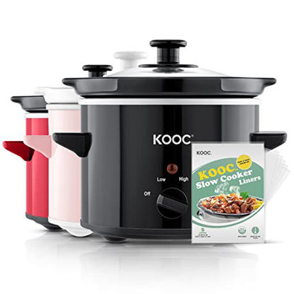 Picture of KOOC Small Slow Cooker, 2-Quart, Free Liners Included for Easy Clean-up, Upgraded Ceramic Pot, Adjustable Temp, Nutrient Loss Reduction, Stainless Steel, Black, Round
