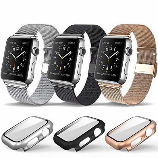 Picture of 3 Pack Magnetic stainless steel apple watch mesh Band with Case Compatible for Apple Watch Band Milanese Loop for Apple Watch Band 38mm 40mm 42mm 44mm for Women Men, Replacement Accessories Wristband Strap for Apple Watch Sport Watch Bands stainless steel Apple Smart Watch Series 6 Series 3 Apple IWATCH SE /5/4/3/2/1 All Model, Black Rose Gold