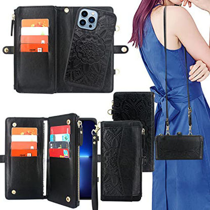 Picture of Harryshell Compatible with iPhone 13 Pro Max 6.7 inch 2021,[Multi Card Slots] with [Block Theft Card Scanning], Detachable Magnet Wallet Case Cash Zipper Pocket Crossbody Lanyard (Floral Black)