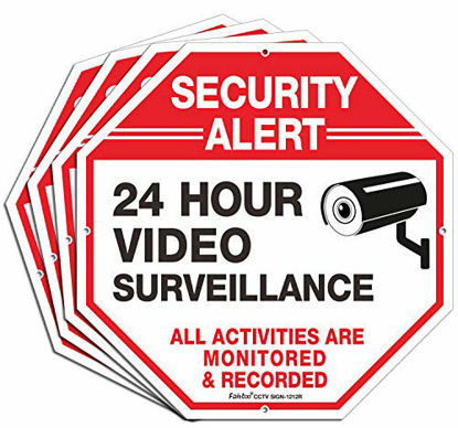 Picture of Video Surveillance Signs, Security Signs,Octagon 12 x12 Inches 40Mil Thick Aluminum Reflective Sign for Home Business CCTV Security Camera, UV Protected & Waterproof, 4 Pack