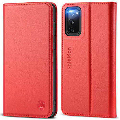 Picture of SHIELDON Galaxy S20 FE 5G Case, Genuine Leather Galaxy S20 FE Wallet Case Magnetic RFID Blocking Credit Card Holder Kickstand Shockproof Case Compatible with Galaxy S20 FE 5G (6.5", 2020) - Red
