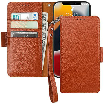 Picture of Bocasal Wallet Case for iPhone 13 Pro Max 5G, Genuine Leather Support Wireless Charging RFID Blocking Flip Case Card Slots Holder, Kickstand Book Folding Folio Cover with Wrist Strap 6.7 Inch(Brown)