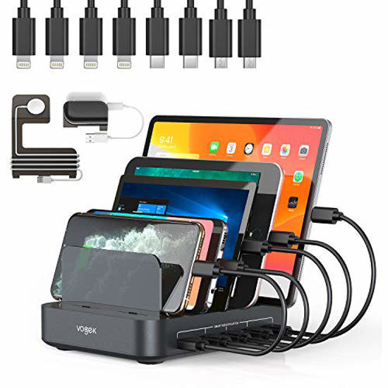 Picture of Charging Station, Vogek 50W 10A 5-Port USB Charging Station for Multiple Device with 8 Short Mixed Cables Watch & Airpod Stand Included for Cell Phones, Smart Phones, Tablets, iWatch, Airpods Grey