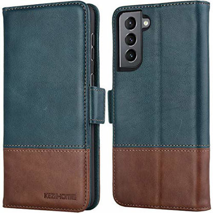 Picture of KEZiHOME Samsung Galaxy S21 Plus Case, Genuine Leather [RFID Blocking] Galaxy S21 Plus 5G 6.7 Wallet Case Card Slot Flip Magnetic Stand Case Compatible with Samsung Galaxy S21 Plus (Navy Blue/Brown)