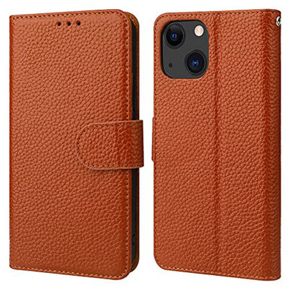 Picture of Bocasal Genuine Leather Wallet Case for iPhone 13 5G Wireless Charge RFID Blocking Credit Card Holder Kickstand Folio Flip Protective Cover with Wrist Strap Magnetic Clasp 6.1 Inch(Brown)