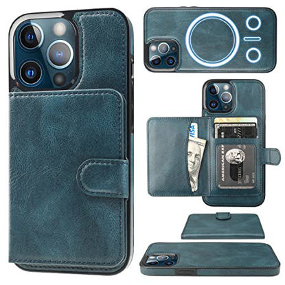 Picture of Bocasal Wallet Case for iPhone 13 Pro Compatible with MagSafe Magnetic RFID Blocking Detachable Premium PU Leather Flip Case with Card Slots Holder Kickstand Wireless Charging 6.1 Inch (Blue)