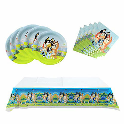 Picture of 41 pcs Party Supplies for bluey, 20 Plates + 20 Napkin + Tablecloth, bluey Theme Party Decoration
