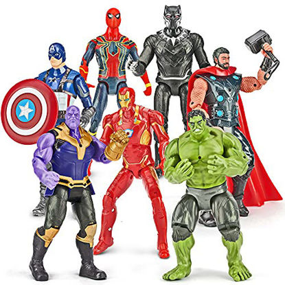 Picture of Amazing Superheroes Toy Set - Avengers Heroes 7 pcs Include Ironman, Captain America, Spiderman, Black Panther, Hulk, Thor, Thanos - Collectible Action Figures - Exclusive for Kids