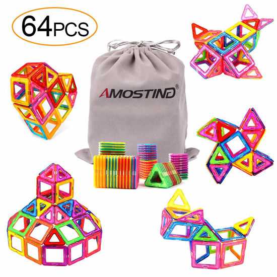 64Pcs Magnetic Tiles Building Blocks Set Educational Toys for Kids with Storage Bag 