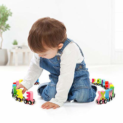 Picture of Wondertoys 27 PCS Wooden Alphabet Train Toy Wooden Magnetic Alphabet ABC Train Set Includes 1 Engine Letter Cars for Toddlers Boys and Girls, Compatible with Thomas Train Set Tracks and Major Brands