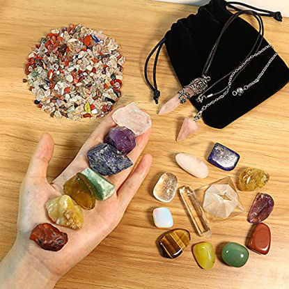 Picture of 23PCS Natural Crystals and Healing Stones Set, 7 Raw Chakra Stones,10pcs Tumbled Stones, Pink Pillar Crystal Necklaces & Pendulum, White Pyramid & Pillar, 50g Stones Assorted, Wooden Box