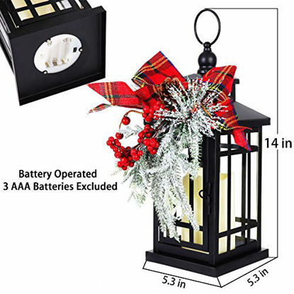 Picture of 14" Christmas Flameless Flickering Candle Lantern Decorative for Outside Outdoor Indoor Patio Table Party, Black Hanging Lanterns Battery Operated with Red Bow