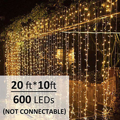 Picture of Solhice LED Curtain Lights Outdoor 20ft x10ft, 600 LEDs 8 Modes Plug in Window String Lights Indoor, Twinkle Lights for Patio Wedding Bedroom Party Back Yard Decorations, Warm White (Not Connectable)