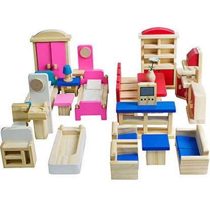 Picture of Seanmi Wooden Dollhouse Furniture - 5 Sets, 1:12 Scale Doll House Furnishings, 35 Pieces of Dollhouse Accessories (Living Room, Kitchen, Dining Room, Bedroom, Bathroom)