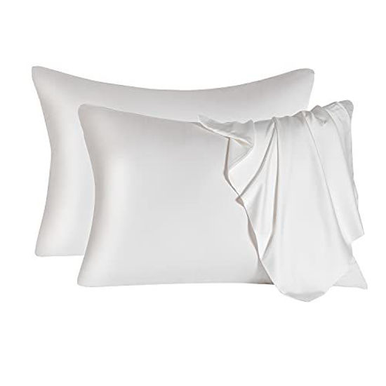 Picture of Mulberry Silk Pillowcase for Hair and Skin,Cooling Silk Pillow Case with Hidden Zipper,Allergen Proof Dual Sides Soft Breathable Smooth Both Sided Silk Pillow Cover.(20"x 30",2 Pcs,White)