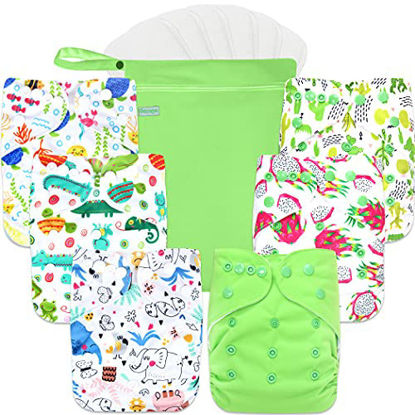Picture of wegreeco Washable Reusable Baby Cloth Pocket Diapers 6 Pack + 6 Bamboo Inserts (with 1 Wet Bag, Plant, Elephant)