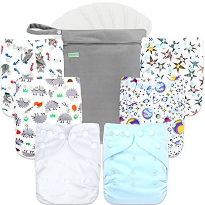 Picture of wegreeco Washable Reusable Baby Cloth Pocket Diapers 6 Pack + 6 Bamboo Inserts (with 1 Wet Bag, Fantastic World)