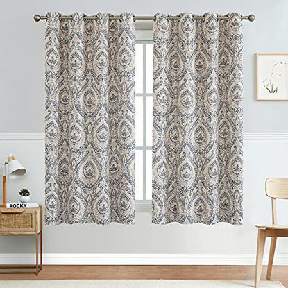Picture of jinchan Linen Textured Curtains for Bedroom Damask Printed Drapes Vintage Linen Look Medallion Curtain Panels Window Treatments for Living Room Patio Door 2 Panels 54 inches Long Blue