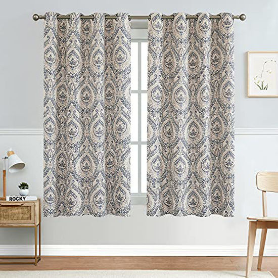 Picture of jinchan Linen Textured Curtains for Bedroom Damask Printed Drapes Vintage Linen Look Medallion Curtain Panels Window Treatments for Living Room Patio Door 2 Panels 54 inches Long Blue