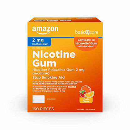 Picture of Amazon Basic Care Nicotine Polacrilex Coated Gum 2 mg (nicotine), Fruit Flavor, Stop Smoking Aid; quit smoking with nicotine gum, 160 Count