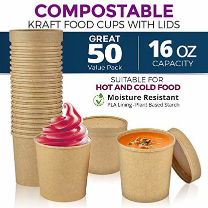 Picture of [50 Pack] 16 oz Kraft Compostable Paper Food Cup with Vented Lid - Brown Rolled Rim Storage Bucket, Hot or Cold Dish To Go Packaging, Ramen Soup Stews Salad Frozen Dessert Yogurt Ice Cream Container