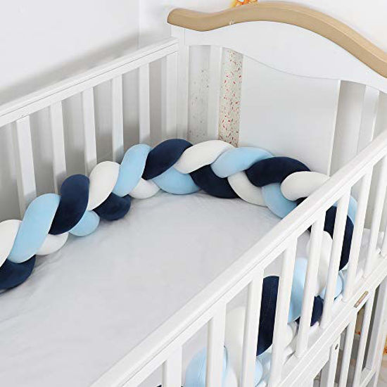 GetUSCart- Lion Paw Crib Bed Bumper Pillow Cushion 78.7in Crib Sides  Protector Infant Cot Rails Newborn Gift Knotted Braided Plush Nursery  Cradle Decor (White-Blue-Dark Blue 78.7in)