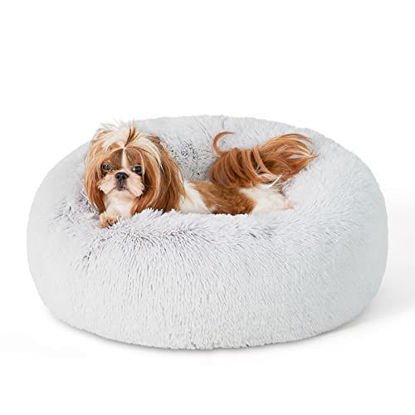 Picture of Bedsure Calming Dog Bed for Small Dogs - Donut Washable Small Pet Bed, 23 inches Anti Anxiety Round Fluffy Plush Faux Fur Cat Bed, Fits up to 25 lbs Pets, Frost Grey