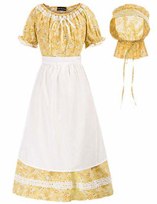Picture of Prairie Pioneer Dress for Girls 3Pcs Floral Colonial Costume Yellow Size 14-15Y