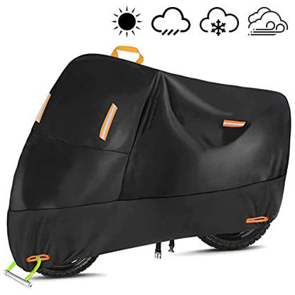 Picture of 300D Heavy Duty Motorcycle Cover, Seceles All Season Durable Waterproof Outdoor Protection Scooter Cover with 4 Reflective Strips Lock-Holes Storage Bag Fits up to 91" Yamaha Honda Harley Suzuki (XL)