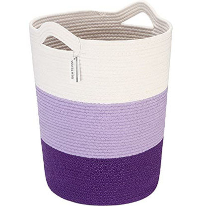 Picture of Sea Team Large Size Cotton Rope Woven Storage Basket with Handles, Laundry Hamper, Fabric Bucket, Drum, Clothes Toys Organizer for Kid's Room, 20 x 14 inches, Round Open Design, White & Purple
