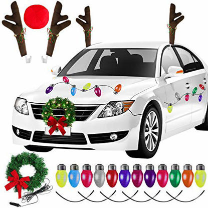 Picture of ANECO Christmas Car Decorations Set Christmas Car Wreath Christmas Car Reindeer Antlers Christmas Car Refrigerator Reflective Bulb Light LED Christmas Car Wreath for Car Christmas
